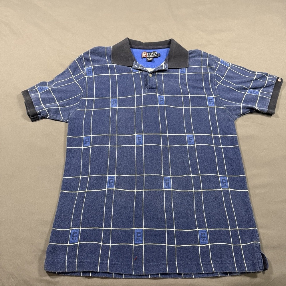 Chaps Ralph Lauren Polo Shirt Mens Large Blue Check All Over‎ Logo Short Sleeve